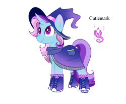 Size: 988x809 | Tagged: safe, artist:forteycat-adopts, oc, oc only, oc:sparkling smoke, pony, unicorn, boots, clothes, female, freckles, hat, magical lesbian spawn, magician, magician outfit, mare, offspring, parent:trixie, parent:twilight sparkle, parents:twixie, robe, scarf, shoes, simple background, socks, solo, transparent background, witch hat
