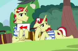 Size: 579x378 | Tagged: safe, screencap, flam, flim, pony, unicorn, between dark and dawn, cropped, duo, flamabetes, flim flam brothers, hitchhiking, male, sign, stallion