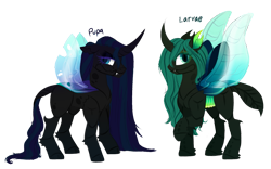 Size: 1589x993 | Tagged: safe, artist:unoriginai, oc, oc:princess larvae, oc:princess pupa, changedling, changeling, changeling queen, hybrid, blue changeling, changeling oc, changeling queen oc, duo, fangs, female, half-siblings, interspecies offspring, lidded eyes, lineless, next generation, offspring, parent:queen chrysalis, parent:shining armor, parent:thorax, parents:chrysarax, parents:shining chrysalis, simple background, story included, transparent background