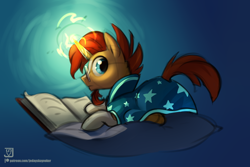 Size: 3000x2000 | Tagged: safe, artist:jedayskayvoker, sunburst, pony, unicorn, beard, book, clothes, dark background, facial hair, glasses, gradient background, magic, male, prone, reading, solo, stallion