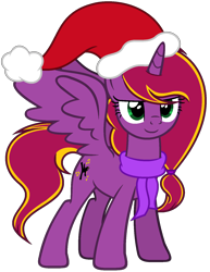 Size: 1214x1575 | Tagged: safe, artist:diamond-chiva, oc, oc:diamond-chi, alicorn, pony, alicorn oc, christmas, clothes, female, hat, holiday, mare, santa hat, scarf, simple background, solo, transparent background