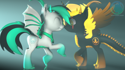 Size: 3840x2160 | Tagged: safe, artist:technickarts, oc, oc:archie cloud, oc:phoenix stardash, alicorn, dracony, hybrid, 3d, alicorn oc, clothes, cute, dracony alicorn, ear fluff, happy, horns, love, mirror, nuzzles, scales, scar, scarf, slit eyes, source filmmaker, spikes, volumetric light, watermark, weapons-grade cute