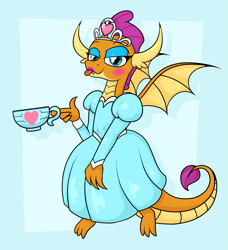 Size: 2489x2733 | Tagged: safe, artist:moonatik, smolder, dragon, abstract background, clothes, cup, cute, cute little fangs, dragoness, dress, eyeshadow, fangs, female, girly, heart, horns, jewelry, lipstick, makeup, princess smolder, scales, smolderbetes, solo, tail, teacup, tiara, tongue out, wings