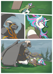 Size: 2480x3508 | Tagged: safe, artist:okata, oc, oc:diamond mind, anthro, gargoyle, unicorn, comic:the hunt, armor, cloak, clothes, door, forest, gloves, long gloves, lying down, multicolored hair, multiple arms, reaching out, sword, unconscious, unconvincing armor, weapon, wings