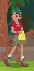 Size: 241x492 | Tagged: safe, screencap, timber spruce, equestria girls, legend of everfree, bag, boots, camp everfree outfits, cargo shorts, clothes, cropped, legs, male, shoes, shorts, smiling, socks