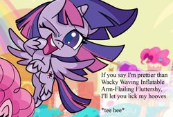 Size: 1324x896 | Tagged: safe, edit, pinkie pie, twilight sparkle, twilight sparkle (alicorn), alicorn, pony, my little pony: pony life, bronybait, female, flying, hoof licking, implied fluttershy, licking, mare, one eye closed, solo focus, text, unshorn fetlocks