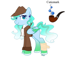 Size: 988x809 | Tagged: safe, artist:forteycat-adopts, oc, oc only, oc:vestigium trail, pegasus, pony, bandage, broken wing, clothes, coat, coat markings, detective, ear piercing, earring, eyeshadow, fedora, female, hat, icey-verse, jewelry, makeup, mare, offspring, parent:sky stinger, parent:vapor trail, parents:vaporsky, piercing, simple background, solo, transparent background, wings