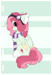 Size: 1080x1536 | Tagged: safe, artist:little-sketches, oc, oc:celestial star, pegasus, pony, chest fluff, clothes, ear fluff, eye clipping through hair, female, goggles, scarf, sitting