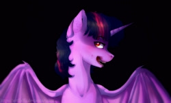 Size: 2500x1500 | Tagged: safe, artist:a-vomikaa, twilight sparkle, bat pony, bat ponified, bedroom eyes, black background, blood, bust, ear fluff, fangs, female, licking, licking lips, portrait, profile, race swap, simple background, solo, spread wings, tongue out, twibat, vampire bat pony, wing claws, wings