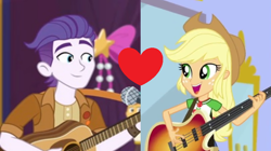 Size: 800x449 | Tagged: safe, artist:themexicanpunisher, edit, edited screencap, screencap, applejack, dirk thistleweed, a fine line, accountibilibuddies, better together, choose your own ending, equestria girls, acoustic guitar, appledirk, applejack's hat, bass guitar, cowboy hat, female, geode of super strength, guitar, hat, magical geodes, male, musical instrument, shipping, shipping domino, straight