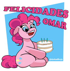 Size: 2869x2906 | Tagged: safe, artist:darka01, derpibooru import, pinkie pie, earth pony, pony, cake, food, happy birthday, solo, spanish