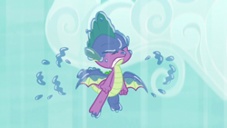 Size: 1280x720 | Tagged: safe, screencap, spike, dragon, between dark and dawn, eyes closed, falling, male, saliva on feet, sky, wet spike, winged spike, wings