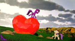 Size: 1264x699 | Tagged: safe, artist:kiodima, oc, oc:gamebrony, oc:kioshka, earth pony, pony, cinema 4d, crystal heart, grass, realistic, scenery