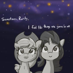 Size: 1080x1080 | Tagged: safe, artist:tjpones, applejack, rarity, earth pony, pony, unicorn, applejack's hat, chest fluff, cowboy hat, dialogue, female, freckles, hat, mare, open mouth, positive ponies, smiling