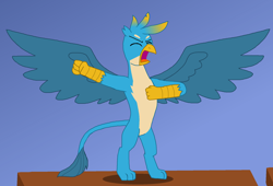 Size: 2038x1388 | Tagged: safe, artist:alexeigribanov, gallus, gorilla, griffon, angry, beating chest, bipedal, blue background, chest pounding, screaming, simple background, spread wings, wings