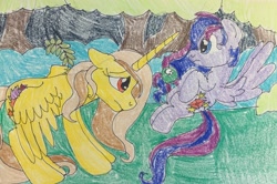 Size: 2458x1630 | Tagged: safe, artist:estories, artist:wolfspiritclan, oc, oc:alice goldenfeather, oc:ruby nights, alicorn, pegasus, pony, story idea