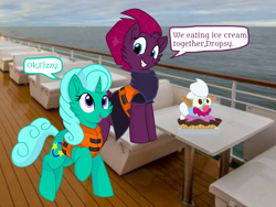 Size: 1440x1080 | Tagged: safe, artist:rainbow eevee edits, artist:徐詩珮, fizzlepop berrytwist, glitter drops, tempest shadow, unicorn, series:sprglitemplight diary, series:sprglitemplight life jacket days, series:springshadowdrops diary, series:springshadowdrops life jacket days, alternate universe, broken horn, cute, dialogue, female, food, glitterbetes, glittershadow, horn, ice cream, lesbian, lifejacket, shipping, tempestbetes