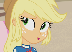 Size: 1494x1080 | Tagged: safe, screencap, applejack, better together, equestria girls, lost and found, applejack's hat, beach, clothes, cowboy hat, cropped, cute, female, freckles, geode of super strength, hat, jackabetes, looking at you, magical geodes, outdoors, solo, swimsuit