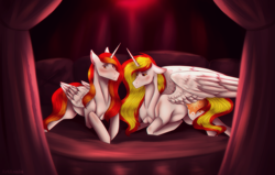 Size: 2319x1473 | Tagged: safe, daybreaker, oc, oc:king phoenix, alicorn, pony, bed, cushion, duo, looking at something, prone, spread wings, wings