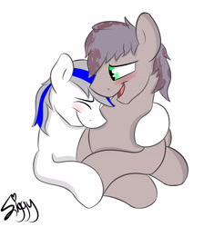 Size: 3597x3651 | Tagged: safe, artist:siggyderp, oc, oc only, oc:arty, oc:barre, earth pony, pony, blushing, cuddling, cute, eyes closed, gay, hug, male, shipping, signature, simple background, stallion, white background