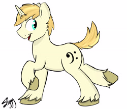 Size: 3874x3354 | Tagged: safe, artist:siggyderp, oc, oc only, pony, unicorn, birthday gift, male, open mouth, side view, signature, simple background, solo, stallion, unshorn fetlocks, walking, white background