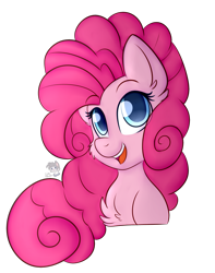 Size: 794x1007 | Tagged: safe, artist:cutiepatootiee, pinkie pie, earth pony, pony, it isn't the mane thing about you, bust, cheek fluff, chest fluff, cute, diapinkes, ear fluff, female, mare, open mouth, poofy pie, portrait, simple background, solo, transparent background