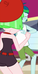 Size: 355x695 | Tagged: safe, screencap, captain planet, drama letter, watermelody, better together, equestria girls, i'm on a yacht, ass, background human, beret, butt, clothes, cropped, dancing, eyes closed, hat, legs, shorts, swimsuit, waterbooty