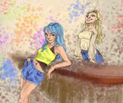 Size: 1280x1066 | Tagged: safe, artist:elisdoominika, oc, oc:amber, oc:sweet elis, human, 80s, clothes, colorful, humanized