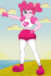 Size: 1700x2500 | Tagged: safe, artist:mashoart, pinkie pie, equestria girls, cartoon network, clothes, cosplay, costume, crossover, female, grass, grin, heart eyes, ocean, one eye closed, pinel, smiling, solo, spinel (steven universe), spoilers for another series, steven universe, steven universe: the movie, wingding eyes, wink