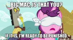 Size: 600x337 | Tagged: safe, edit, edited screencap, screencap, discord, sugar belle, draconequus, earth pony, pony, the big mac question, blindfold, caption, female, image macro, implied bdsm, male, mare, text