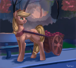 Size: 1280x1148 | Tagged: safe, artist:vell221, applejack, earth pony, pony, apple, apple cart, bench, cart, female, food, mare, solo, tree