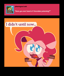 Size: 1200x1425 | Tagged: safe, artist:dinnerjoe, pinkie pie, earth pony, pony, ask, ask pinkie pie and tornado, cake, chocolate, chocolate cake, colored, eating, flat colors, food, messy, no pupils, orange background, reality ensues, simple background, solo, speech bubble, tumblr