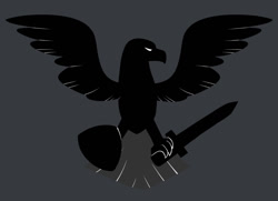 Size: 890x644 | Tagged: safe, oc, oc:amber moonlight, bird, eagle, black, cutie mark, gray background, shield, simple background, sword, weapon