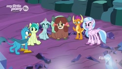 Size: 1920x1080 | Tagged: safe, screencap, gallus, ocellus, sandbar, silverstream, smolder, yona, changedling, changeling, classical hippogriff, dragon, earth pony, griffon, hippogriff, pony, yak, uprooted, bow, cloven hooves, colored hooves, dragoness, female, hair bow, jewelry, male, monkey swings, necklace, student six, teenager