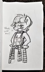 Size: 711x1124 | Tagged: safe, artist:shoeunit, roseluck, earth pony, pony, clothes, dialogue, female, mare, pencil drawing, solo, traditional art