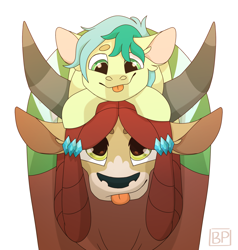 Size: 1900x2000 | Tagged: safe, artist:glitterstar2000, sandbar, yona, earth pony, pony, yak, the last problem, :p, beanbrows, cute, ear fluff, eyebrows, female, male, older, older sandbar, older yona, ponies riding yaks, quadrupedal, sandabetes, shipping, simple background, stallion, straight, tongue out, white background, yonabar, yonadorable