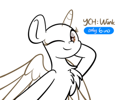 Size: 2048x1689 | Tagged: safe, artist:kimjoman, oc, oc only, earth pony, pegasus, pony, unicorn, chest fluff, commission, cute, female, looking at you, male, mare, one eye closed, simple background, smiling, solo, stallion, white background, wink, ych sketch, your character here