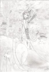 Size: 738x1083 | Tagged: safe, artist:crazylavender, discord, eris, human, chaos, discorded landscape, humanized, monochrome, rule 63, traditional art