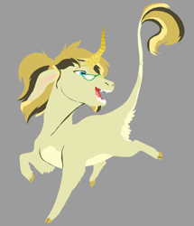 Size: 582x677 | Tagged: safe, artist:phobicalbino, oc, oc only, oc:painted rose, pony, unicorn, cloven hooves, colored horn, crooked horn, female, glasses, gray background, horn, leonine tail, mare, open mouth, simple background, solo