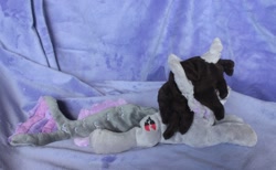 Size: 1280x787 | Tagged: safe, artist:sonic-spatula, hybrid, pony, beanie (plushie), commission, curved horn, fangs, fins, fish tail, half-siren, happy, horn, irl, kellin quinn, male, photo, plushie, ponified, scales, sleeping with sirens, slit eyes, smiling