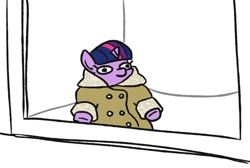 Size: 1001x671 | Tagged: safe, artist:jargon scott, twilight sparkle, pony, unicorn, bipedal, clothes, coat, female, ikea monkey, mare, oversized clothes, ponified animal photo, solo, twiggie