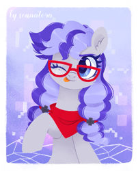 Size: 891x1101 | Tagged: safe, artist:sonnatora, oc, oc only, oc:cinnabyte, earth pony, pony, bandana, female, glasses, mare, neckerchief, one eye closed, pigtails, solo, tongue out