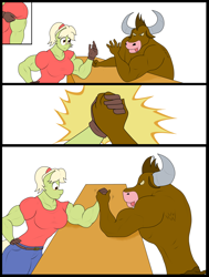 Size: 2992x3952 | Tagged: safe, artist:matchstickman, granny smith, oc, anthro, earth pony, minotaur, comic:free cider, arm wrestling, biceps, breasts, busty granny smith, clothes, comic, deltoids, duo, female, granny smash, jeans, male, mare, muscles, no dialogue, pants, shirt, simple background, sweat, sweatdrop, table, unnamed oc, white background, young granny smith, younger