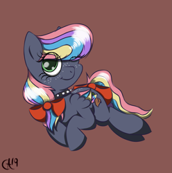 Size: 1907x1921 | Tagged: safe, artist:lux-arume, oc, oc only, oc:seasons, oc:seasons springs, pony, bow, choker, collar, colored wings, freckles, lying down, one eye closed, one eyed, pegasus oc, rainbow hair, solo, spiked collar, wink