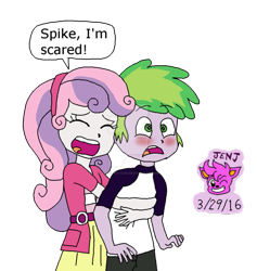 Size: 871x918 | Tagged: safe, artist:resotii, spike, sweetie belle, equestria girls, blushing, deviantart watermark, female, hug, human spike, male, obtrusive watermark, open mouth, scared, shipping, spikebelle, straight, watermark