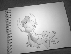 Size: 1334x1001 | Tagged: safe, artist:creativescribbles, smolder, dragon, claws, cute, dragoness, eyes closed, fangs, female, folded wings, frown, photo, sketch, sketchbook, sleeping, smolderbetes, solo, spread toes, teenaged dragon, teenager, toes, traditional art, underfoot, wings, wip