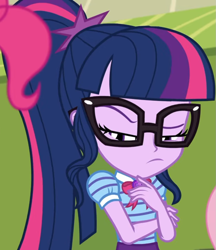 Size: 935x1080 | Tagged: safe, screencap, fluttershy, pinkie pie, sci-twi, twilight sparkle, better together, equestria girls, holidays unwrapped, bowtie, canterlot high, clothes, collar, cropped, cute, female, frown, geode of telekinesis, glasses, high school, jewelry, lidded eyes, lockers, magical geodes, o come all ye squashful, ponytail, shirt, short sleeves, skirt