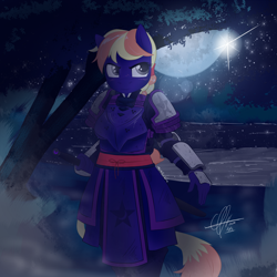 Size: 2000x2000 | Tagged: safe, oc, anthro, earth pony, armor, lake, moon