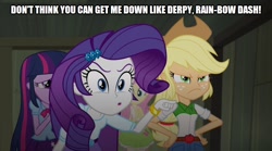 Size: 800x446 | Tagged: safe, edit, edited screencap, screencap, applejack, fluttershy, rarity, twilight sparkle, equestria girls, rainbow rocks, caption, image macro, implied rainbow dash, text