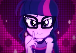 Size: 968x675 | Tagged: safe, artist:razoredge2312, edit, edited screencap, screencap, sci-twi, twilight sparkle, better together, equestria girls, i'm on a yacht, cute, female, neon eg logo, sexy egghead, solo, twiabetes